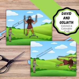 David defeats Goliath kids craft. David and Goliath colored and colorable bible craft. David slays Goliath bible craft.