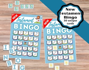 May include: Two light blue New Testament Bingo game cards featuring a red NEW banner, a cartoon figure, and a grid of book icons labeled with Bible book names. Includes individual letter tiles spelling BINGO and small square tiles with book names.