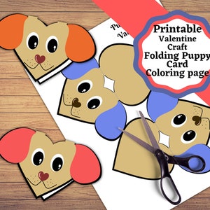 Valentine puppy card, printable craft. Printable puppy card in 3 colors with a colorable option, and coloring page.
