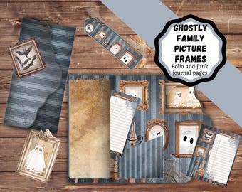 May include: A collection of paper stationery featuring a dark blue striped pattern and ornate gold picture frames containing illustrations of ghosts, bats, and a cat in a ghost costume. Text reads: GHOSTLY FAMILY PICTURE FRAMES Folio and junk journal pages.