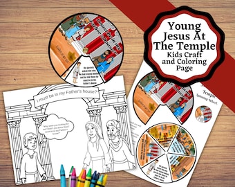May include: A black and white colouring page featuring a scene from the Bible story of Young Jesus at the Temple. The page includes the text "I must be in my Father's house?" and a spinning wheel with the text "Temple Spinning Wheel."  The colouring page is part of a kids craft and colouring page set.