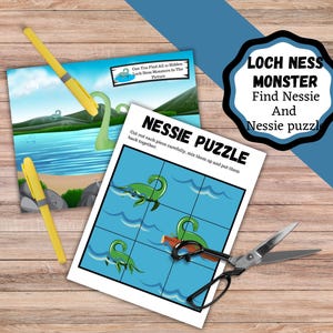 Juegos imprimibles del monstruo del lago Ness, encuentra al Nessie escondido y un rompecabezas para cortar y pegar. Juegos de fiesta imprimibles del lago Ness. Diversión con Nessie.
