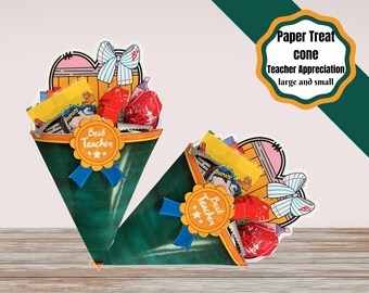 Printable Teacher appreciation cone shaped treat box. Teacher gift box craft.