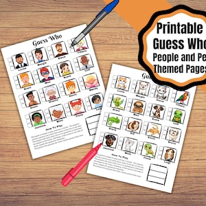 Printable Guess who game pages. Guess Who people and pet games. Easy to play printable game.