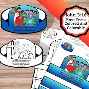 Printable John 3:16 bible lesson paper crown. Paper crown kids craft for Sunday School or kids church.