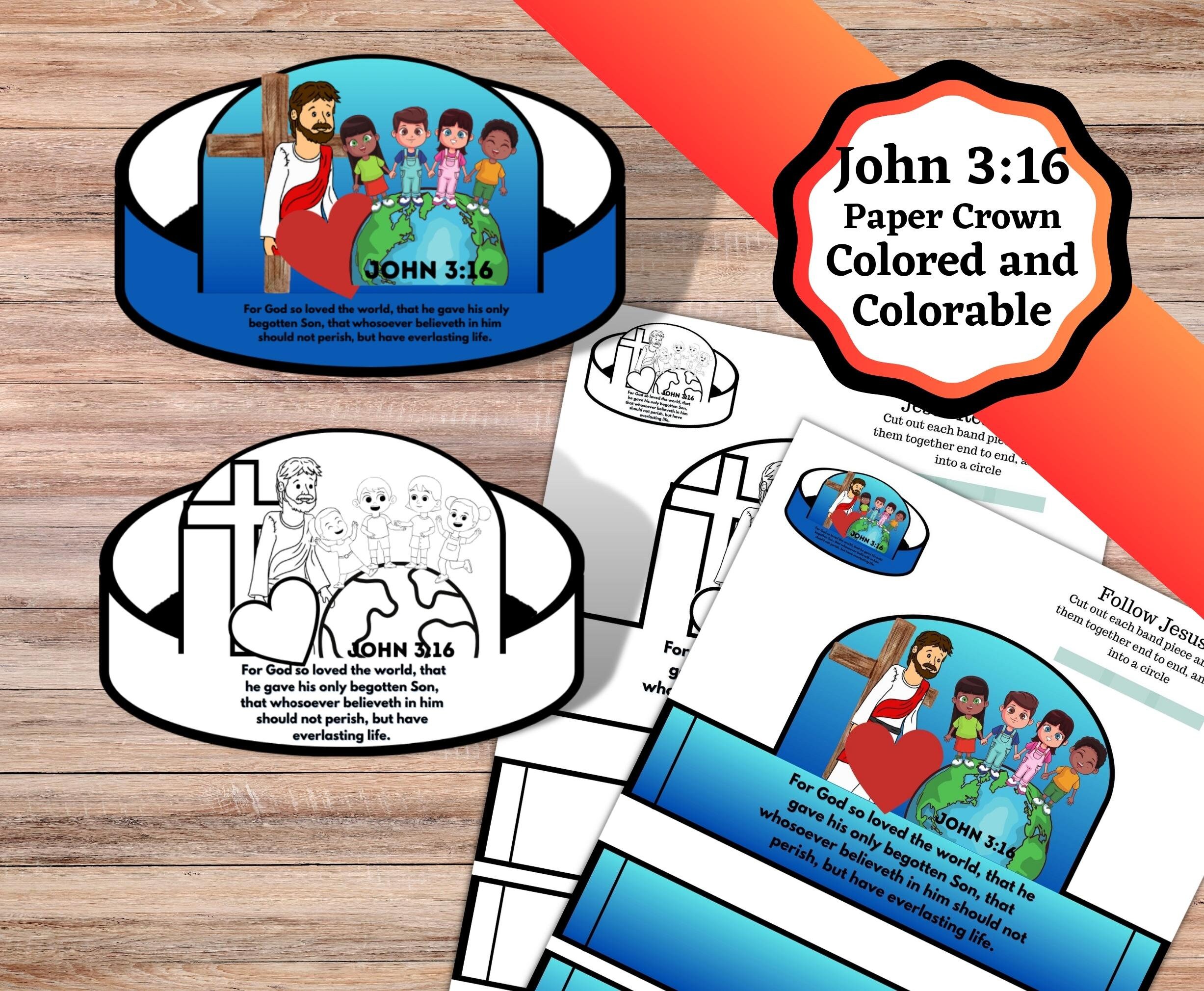 Printable John 3:16 bible lesson paper crown. Paper crown kids craft for Sunday School or kids church.
