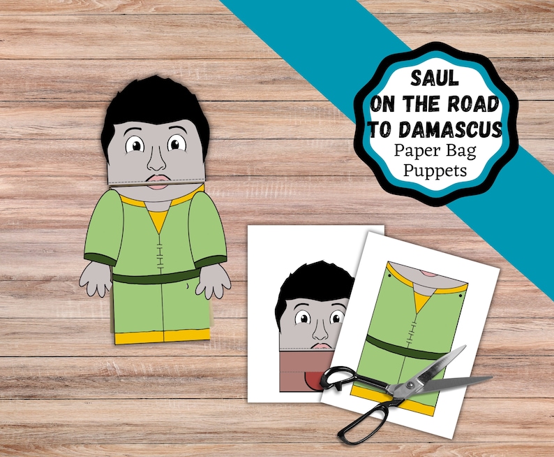 May include: Printable paper bag puppet craft of Saul on the Road to Damascus. The puppet is a cartoon illustration of a man with brown hair and a green robe. The title "Saul on the Road to Damascus Paper Bag Puppets" is in a black circle with a white background.