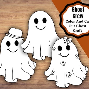 Pode incluir: Três figuras de fantasmas brancos com olhos pretos e sorrisos. Um fantasma usa um chapéu, outro tem um laço e o terceiro tem detalhes de flores. A imagem inclui o texto "Ghost Crew Color And Cut Out Ghost Craft."