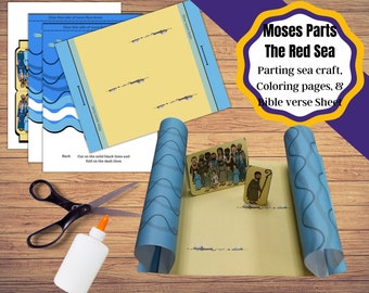 May include: A craft kit for kids to make a parting of the Red Sea scene. The kit includes a coloring page, a Bible verse sheet, and a craft to make a parting sea. The craft includes a blue paper with waves and a yellow paper with a path for the Israelites to walk on.
