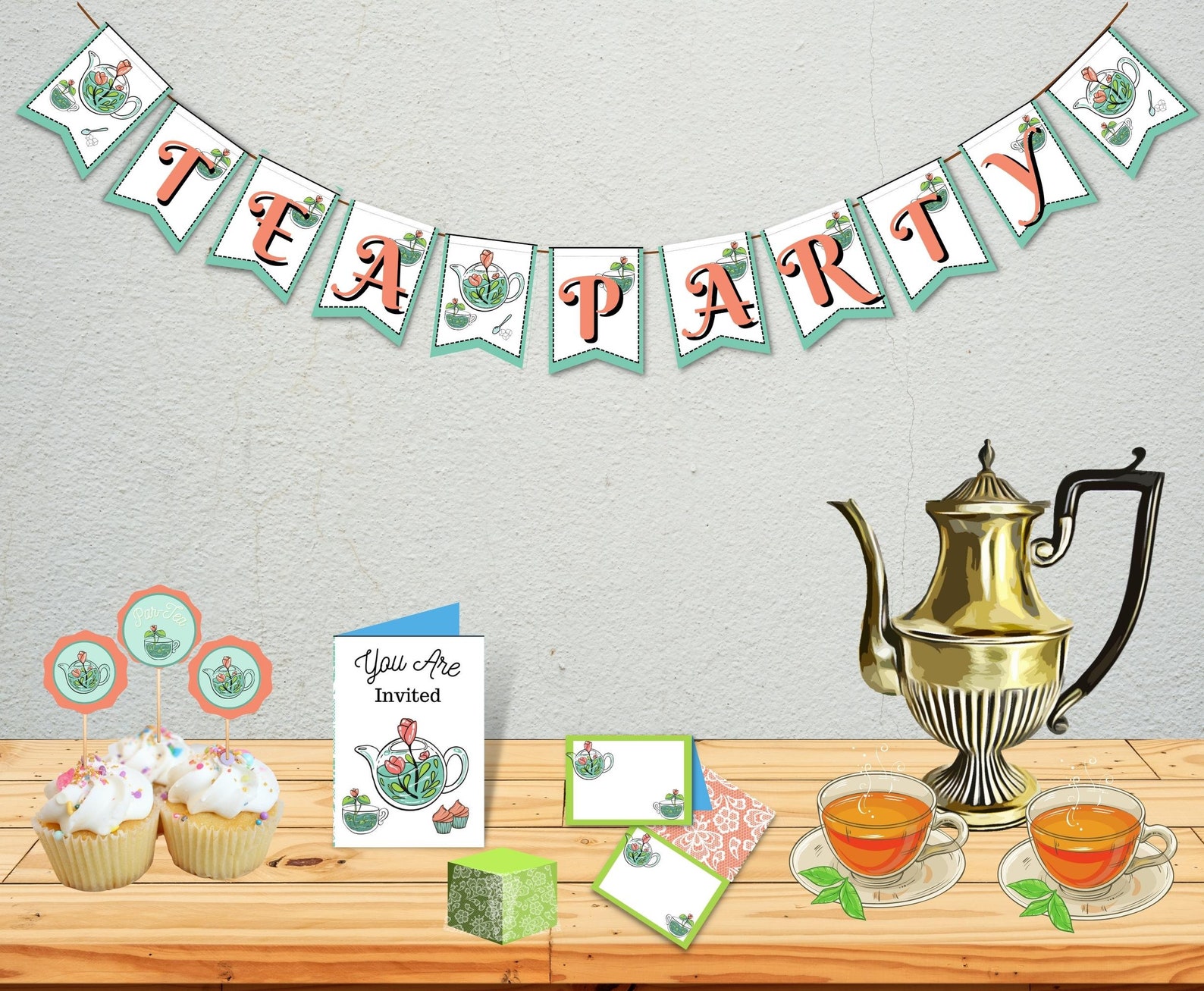 Tea Party Tea Themed Birthday Printable Bundle With Bunting | Etsy