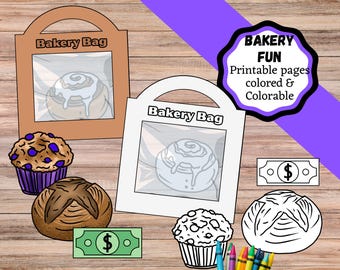 May include: A printable set featuring two bakery bags with cinnamon rolls, a colored blueberry muffin, a brown loaf of bread, a green dollar bill, and black and white line art versions of a muffin and bread, plus crayons and a BAKERY FUN label.