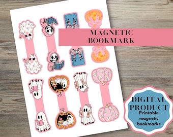 May include: A sheet of printable magnetic bookmarks featuring various illustrations including ghosts with books, pumpkins with floral patterns, skulls in hoods, and blue books with bows. The text reads MAGNETIC BOOKMARK and DIGITAL PRODUCT Printable magnetic bookmarks.