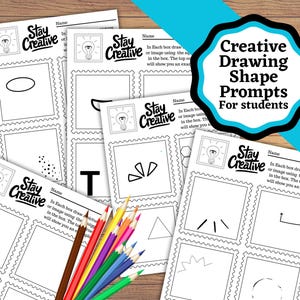 Puede incluir: Un conjunto de hojas de dibujo en blanco para estudiantes, con el texto "Stay Creative" y "Creative Drawing Shape Prompts For students". Cada hoja tiene casillas de dibujo con ejemplos y espacio para nombres, junto con un juego de lápices de colores.