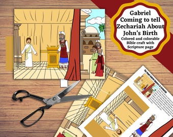 May include: A printable Bible craft kit featuring a scene of Gabriel appearing to Zechariah. The kit includes colored and colorable illustrations, a scripture page, and instructions. A pair of black scissors is positioned next to the paper sheets.
