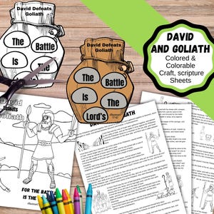 David and Goliath craft, coloring page, and Scripture pages. David defeats Goliath craft. Bible story colorable pages.
