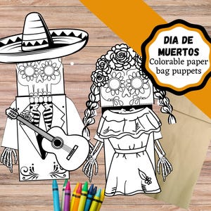 Manualidad del Día de los Muertos, títere de esqueleto hecho con bolsa de papel para celebrar el Día de los Muertos. Manualidad para colorear para niños.