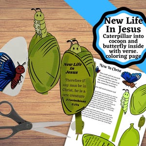 May include: A craft kit with a religious theme, featuring a caterpillar transforming into a butterfly. The kit includes cut-out shapes, a coloring page, and the text "New Life In Jesus". A pair of scissors is also present.