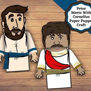 Marionette di carta stampabili per la storia biblica di Pietro che va a incontrare Cornelio. Pagine stampabili del burattino con sacchetto di carta con personaggio biblico.