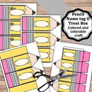 Pencil shaped name tag and treat or pencil box. Teacher or student name tag or classroom label. Back to school name tag.
