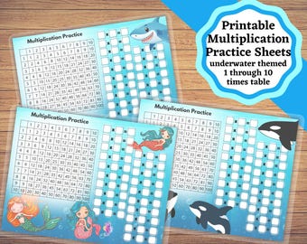 May include: Two printable multiplication practice sheets with an underwater theme, featuring a 1 through 10 times table grid, blank equations, and illustrations of a shark, mermaids, and orcas, with text reading Multiplication Practice.