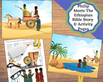 May include: A two-page craft activity for kids featuring the story of Philip and the Ethiopian. The craft includes a chariot, figures of Philip and the Ethiopian, and a scene of the Ethiopian being baptized in a pool of water. The craft is designed to be cut out and assembled.