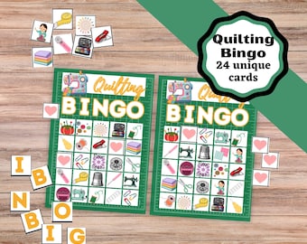May include: Two Quilting Bingo game cards featuring a green grid background with sewing-themed icons in each square. The cards display the text Quilting BINGO and include 24 unique cards. Additional game pieces show sewing tools and heart shapes.