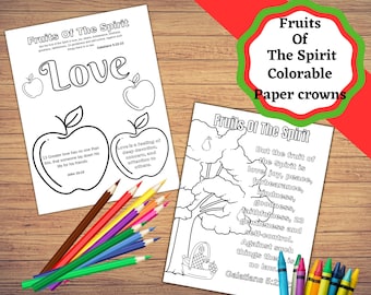 May include: Black and white coloring page featuring a tree with fruit and the text "Fruits of the Spirit" and a verse from Galatians 5:22-23. The page also includes the text "Love is a feeling of deep affection, concern, and attachment to others." and a verse from John 15:13.