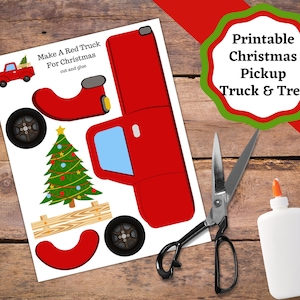Printable Red Truck with Christmas Tree craft and decoration, Christmas Red Truck Paper Decoration
