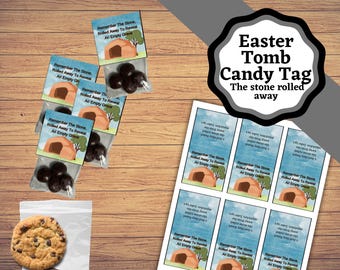 Süßigkeits- oder Keksanhänger für Ostern, der Stein war weggerollte Leckerlibeuteletiketten. Ostern Leckerei Taschenanhänger.