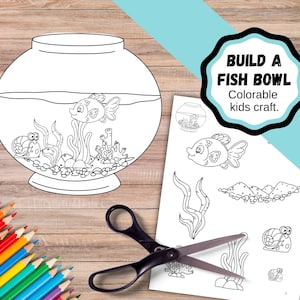 Printable colorable build a fish bowl. Kids craft printable colorable goldfish bowl. Children&#39;s scissor skill craft. Goldfish craft.
