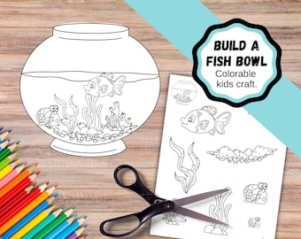 Printable colorable build a fish bowl. Kids craft printable colorable goldfish bowl. Children's scissor skill craft. Goldfish craft.