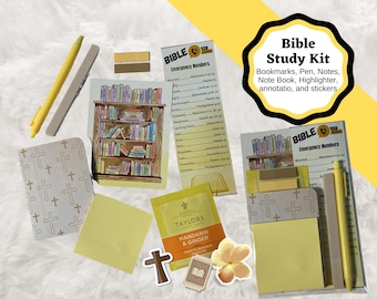 Bible study kit in Yellow, bookmarks, notepad, highlighter and more.