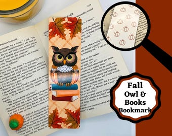 Búho y libro de otoño, marcador, lindo marcador de otoño de 7 x 2 pulgadas con un búho sentado sobre tres libros.