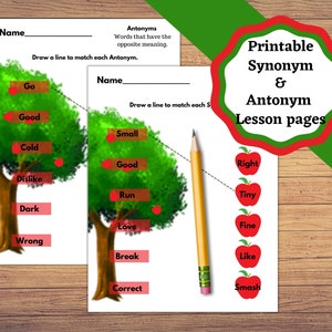 Printable lesson pages for learning Antonyms and synonyms. Matching up Synonyms, matching up Antonyms. image 3