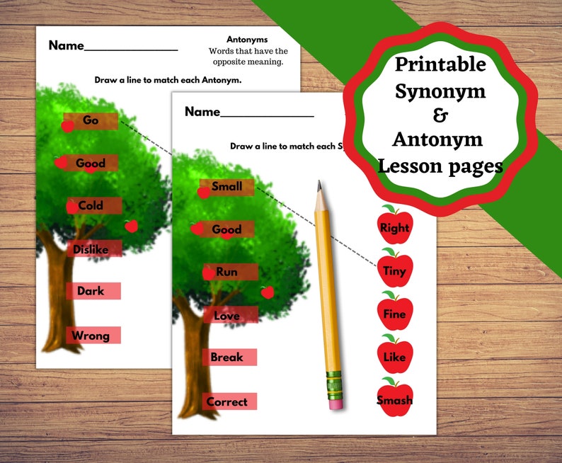 Printable lesson pages for learning Antonyms and synonyms. Matching up Synonyms, matching up Antonyms. image 3