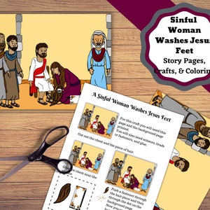 May include: A set of illustrated story pages and craft instructions titled "Sinful Woman Washes Jesus Feet." The image includes a cartoon depiction of the biblical scene, along with instructions for a craft project involving scissors and fasteners.