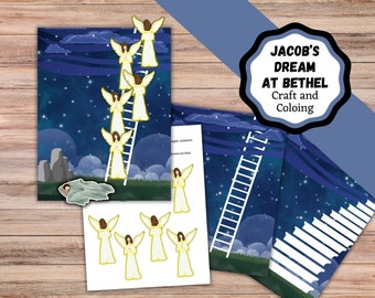 May include: A craft and colouring activity for children featuring Jacob's dream at Bethel. The image shows a ladder with angels ascending and descending, a sleeping Jacob, and a starry night sky. The title "Jacob's Dream at Bethel" is written in a black circle with white text.
