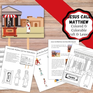Peut inclure: Un artisanat et une leçon imprimables pour les enfants sur Jésus appelant Matthieu. L'artisanat comprend une illustration en noir et blanc de Jésus et Matthieu, un collecteur d'impôts, debout devant un bâtiment avec une pancarte qui dit "Taxes". La leçon comprend une histoire sur Jésus appelant Matthieu à le suivre.