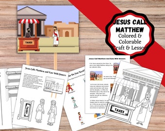 Puede incluir: Una manualidad y una lección imprimibles para niños sobre Jesús llamando a Mateo. La manualidad incluye una ilustración en blanco y negro de Jesús y Mateo, un recaudador de impuestos, de pie frente a un edificio con un letrero que dice "Impuestos". La lección incluye una historia sobre Jesús llamando a Mateo para que lo siga.