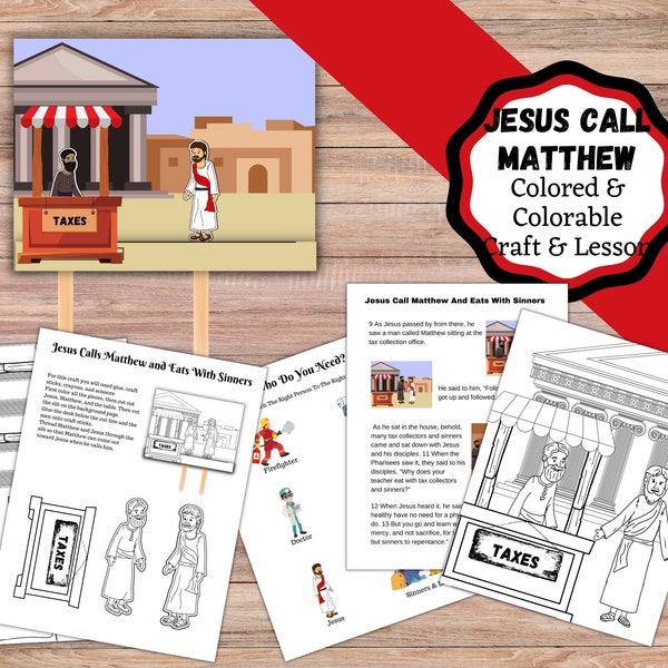 Printable bible craft for Jesus calling Matthew the tax collector and eating with sinners. Sunday School kids craft and lesson colorable.