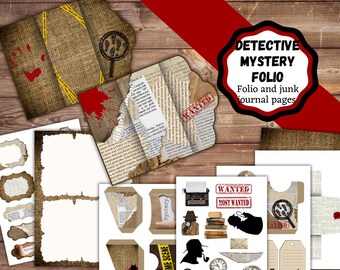 May include: Printable digital download of detective mystery folio and junk journal pages. The pages feature a brown burlap background with red blood splatter, newspaper clippings, and a wanted poster.