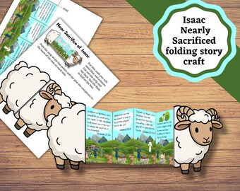 May include: A paper craft kit titled Isaac Nearly Sacrificed folding story craft, featuring printed instructions and a foldable accordion-style strip with illustrations of a ram and biblical scenes with green hills, mountains, and figures.