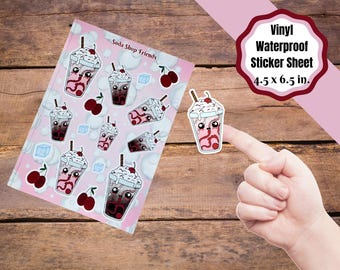Cherry soda, cherry shake  sticker sheets,  soda shop friends cherry themed . Kiss cut stickers