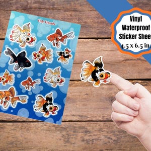 May include: A vinyl waterproof sticker sheet featuring colorful goldfish illustrations. The sheet measures 4.5 x 6.5 inches and includes various goldfish designs in orange, black, and white. The stickers are labeled "Fish Friends".
