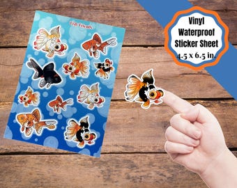 Gold fish sticker sheets, cute gold fish of different varieties . Kiss cut stickers