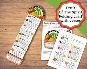 May include: A paper craft project titled Fruit of the Spirit featuring a basket illustration with a long, accordion-folded strip of paper listing virtues like Love, Joy, and Peace, each paired with a fruit icon and a corresponding Bible verse.