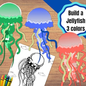 Printable Jellyfish kids craft. Three colored Jellyfish to cut out and glue together, classroom craft or decor. Jellyfish coloring pages.