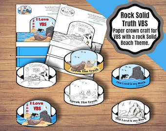 Corona de papel imprimible VBS, Rock Solid Truth, tema en la playa. Manualidad bíblica coloreada y coloreable.