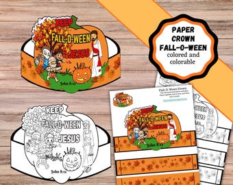 May include: A paper crown craft kit featuring a Fall-O-Ween theme with a pumpkin, autumn leaves, children in costumes, and a figure of Jesus. The design includes the text Keep Fall-O-Ween Jesus and John 8:12, available in both colored and colorable versions.