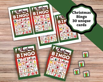 May include: Thirty unique Christmas bingo cards with a red, green, and white color scheme. Each card features a 5x5 grid with various Christmas-themed images, including Santa, reindeer, presents, and ornaments.